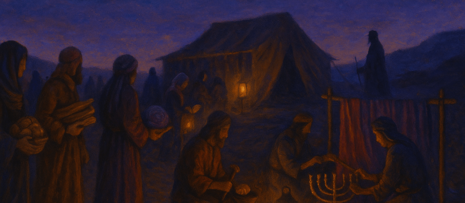 Israel assembles at twilight, bringing gifts to build the Mishkan as artisans craft menorah and curtains near the Tent of Meeting.