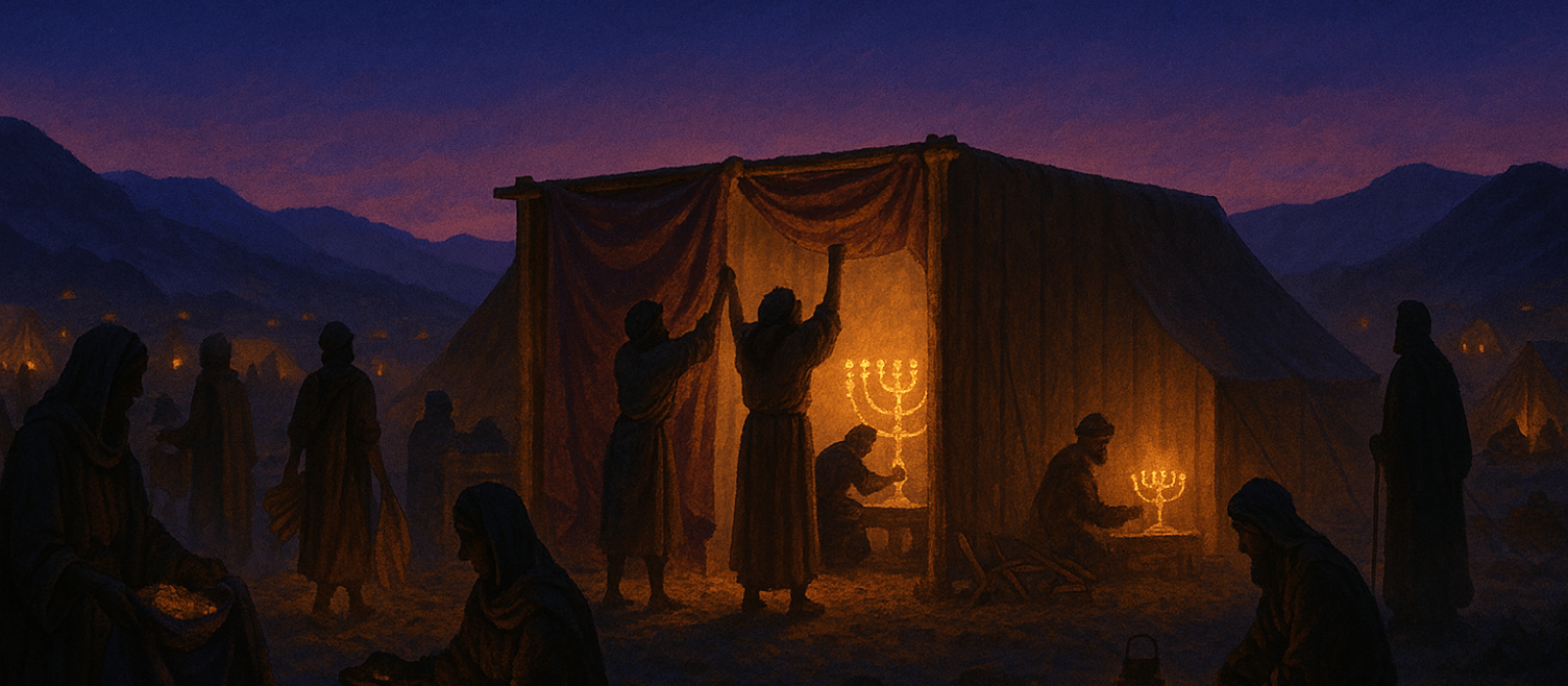 Vayak’hel—Israel gathers at dusk to bring gifts and build the Mishkan in the Sinai wilderness.