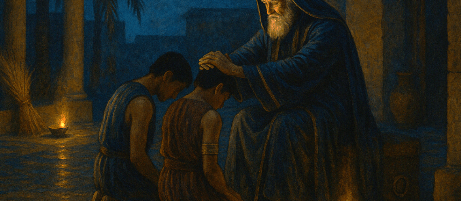 Jacob blesses Ephraim and Manasseh with crossed hands as water-like reflections suggest “multiplying like fish,” oil lamps glowing in winter twilight.