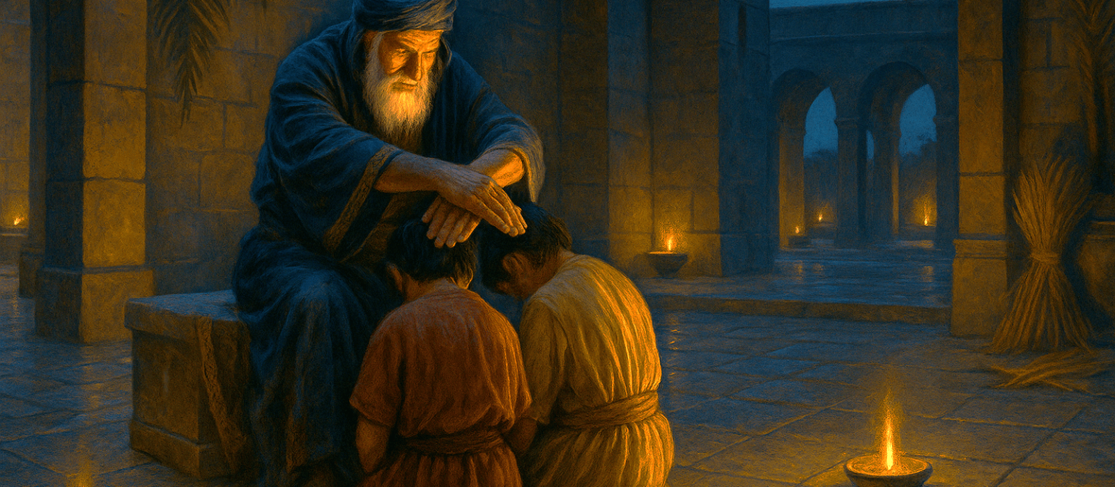 Jacob crosses his hands to bless Ephraim and Manasseh at twilight in ancient Egypt.