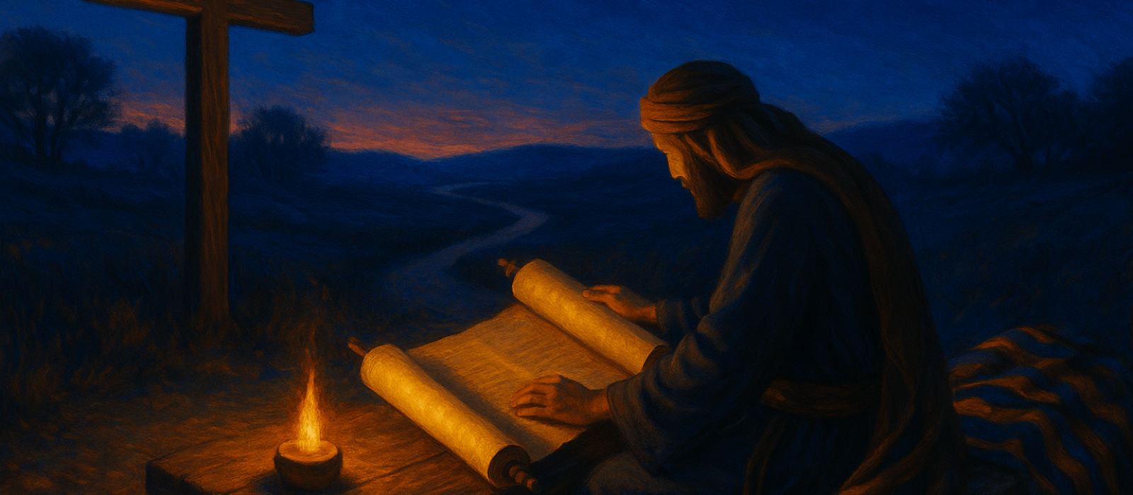 Kislev twilight scene with Hebrew scroll, olive-wood cross-beam, and Joseph’s cloak, symbolizing reconciliation between Judaism and Yeshua’s disciples.