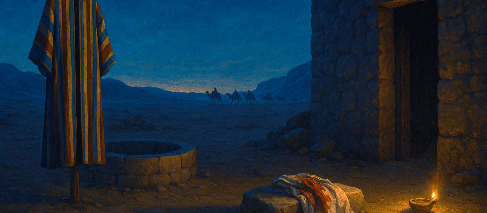 Vayeshev—Joseph’s robe by an empty cistern and a desert prison doorway at Kislev twilight, hinting at Judah’s signet and the coming reconciliation.