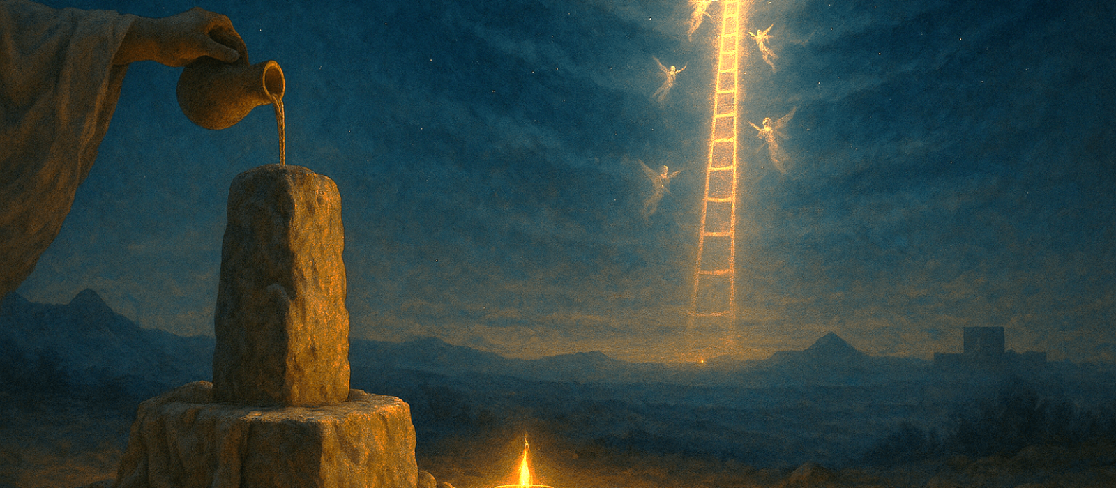 Jacob’s Ladder at Bethel—angels ascending and descending as oil is poured on the stone pillar beneath a Kislev twilight sky.