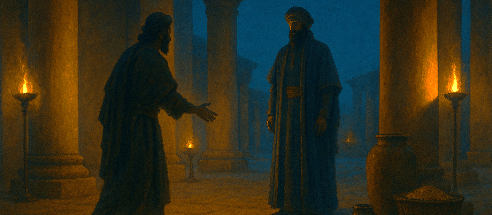 Judah approaches Joseph; oil lamps glow in an Egyptian hall as revelation and mercy unfold in Vayigash.