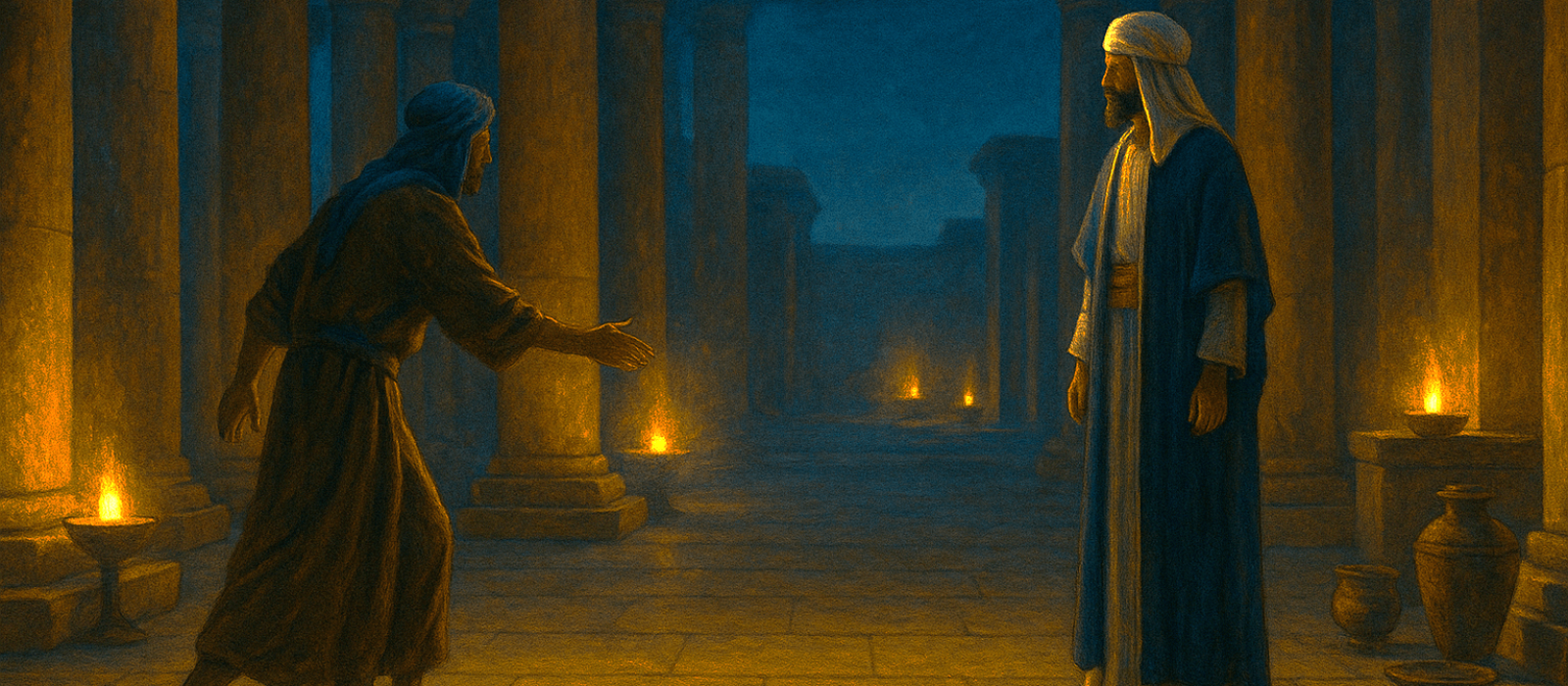 Judah approaches Joseph in an Egyptian hall as oil lamps glow, symbolizing repentance, revelation, and mercy.