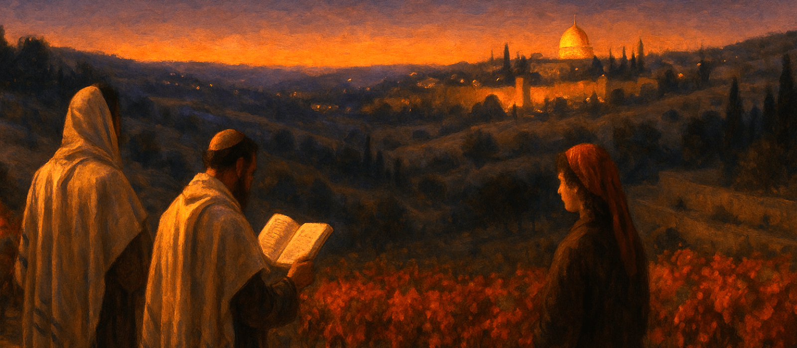 Shabbat Nachamu at twilight—readers of Isaiah 40 in Jerusalem’s hills with vineyards hinting Tu B’Av, city glowing in the distance.