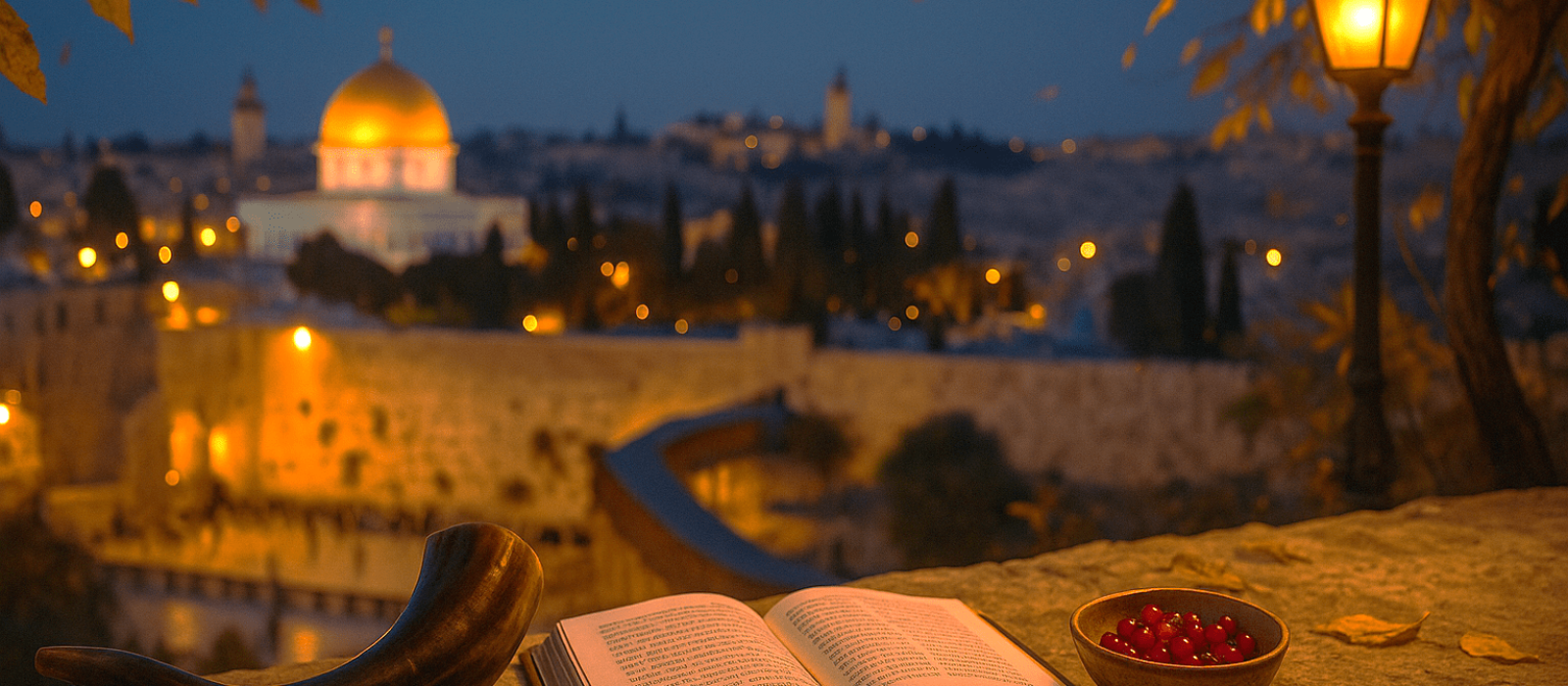 Shofar beside an open machzor at autumn twilight overlooking Jerusalem, with pomegranate seeds and warm lamplight.