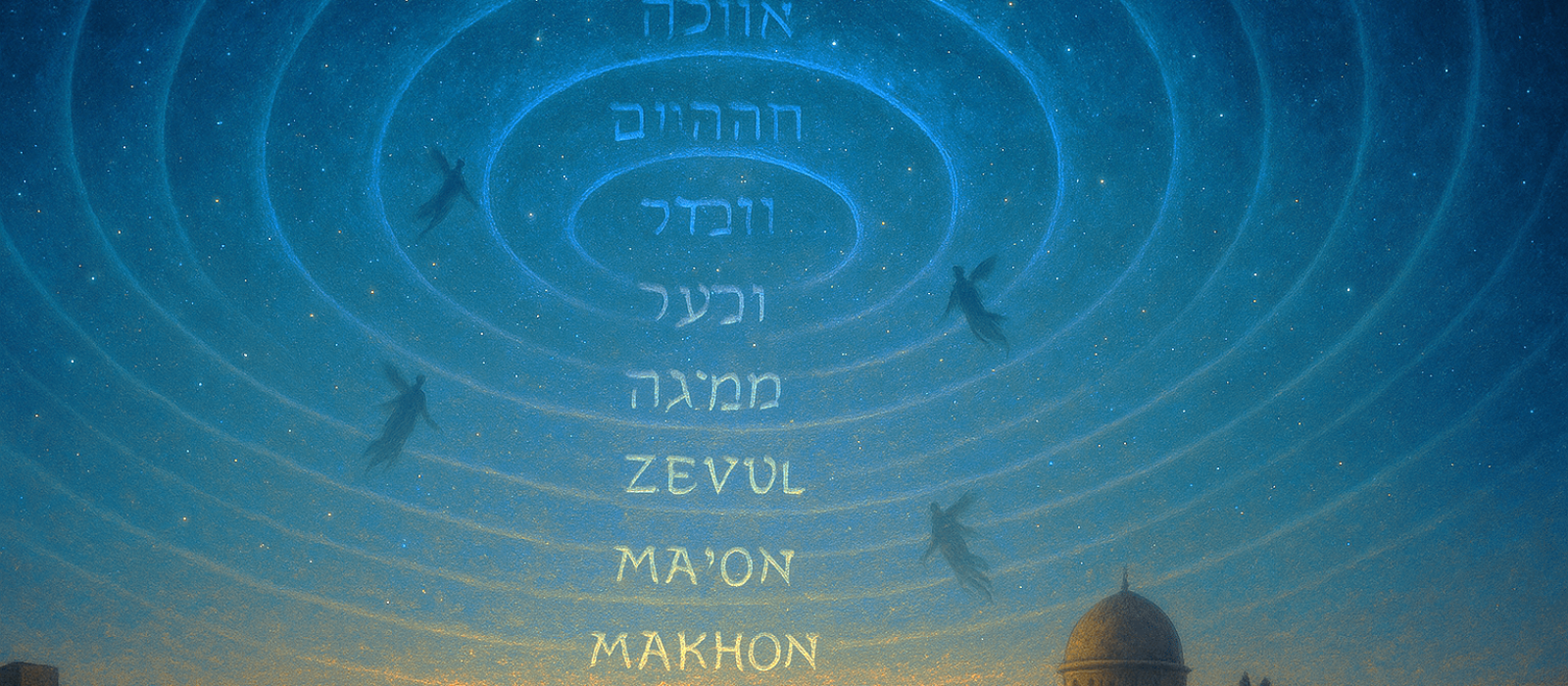 Seven concentric heavens over Jerusalem at twilight with subtle angelic ascent