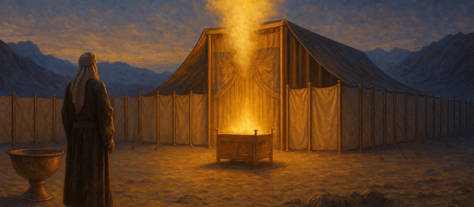 Cloud of Glory descending on the freshly completed Tabernacle at twilight in the Sinai wilderness.