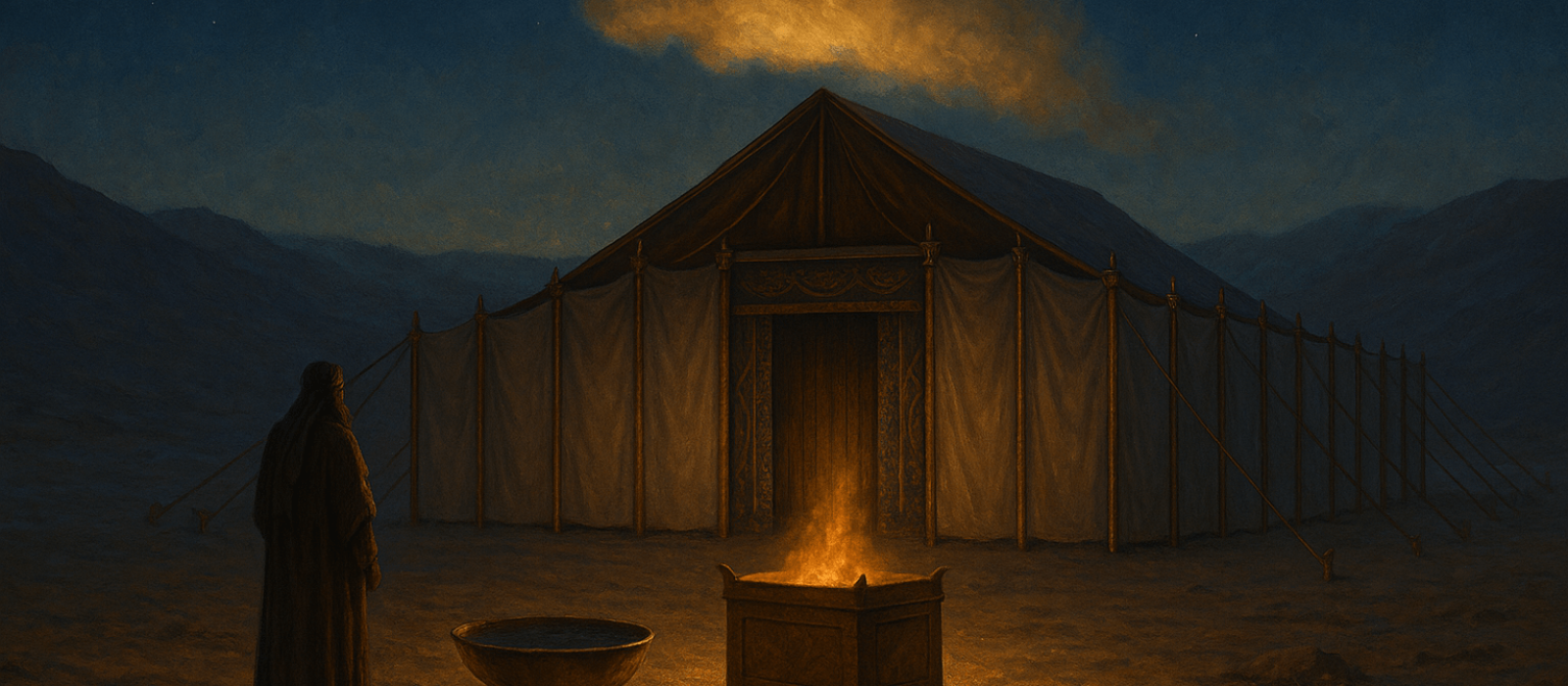 Tabernacle at twilight in the Sinai as a golden cloud descends, with bronze altar and linen curtains glowing under a star-pricked sky.
