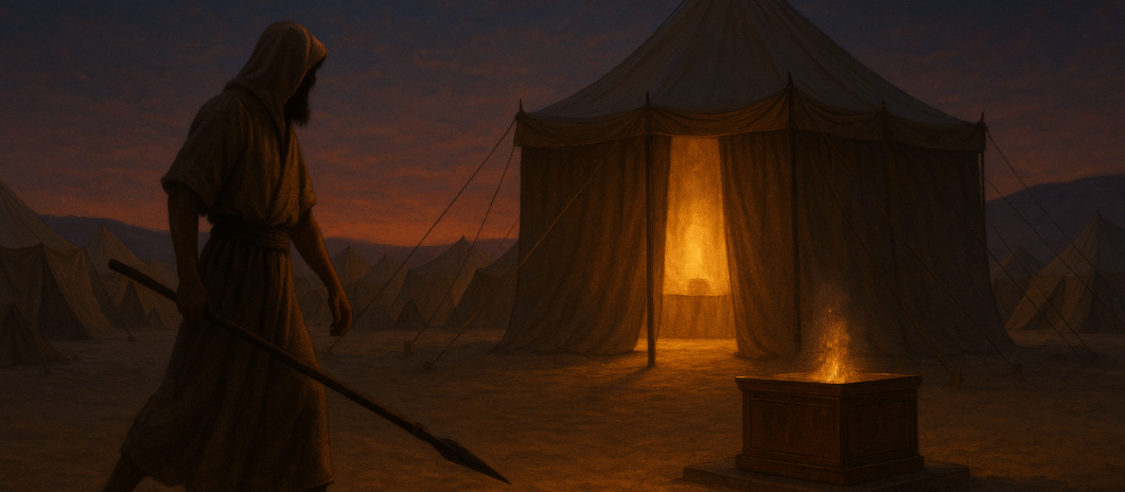 Pinchas leaves the Tent of Meeting at twilight as calm settles over the Israelite camp.