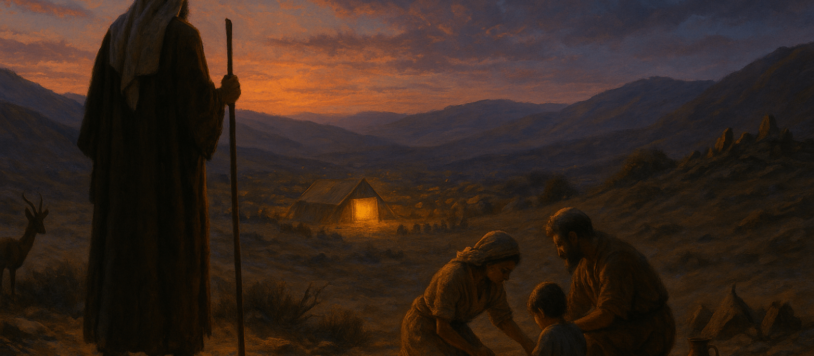 Late-summer Judean hills at twilight with Moses above a glowing Tent of Meeting and an Israelite family’s simple meal, evoking Re’eh’s call to holiness.