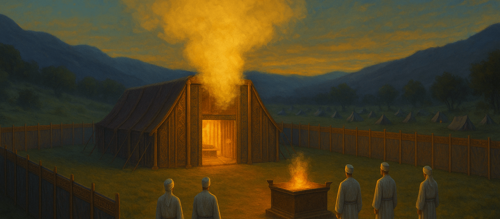 Spring twilight at the Tabernacle as a golden cloud descends and priests stand in reverent silence.