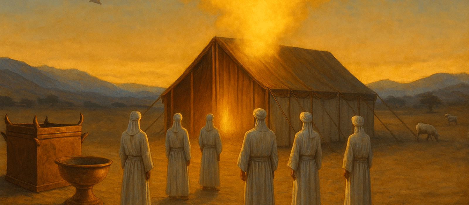 Eighth-day sanctification of the Mishkan at twilight, priests in linen before a golden cloud with altar and laver shining.