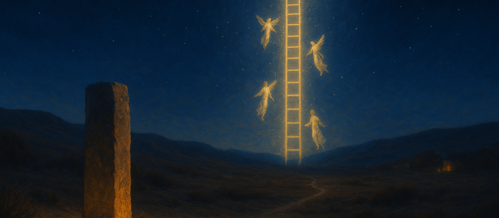 Jacob’s Ladder at Bethel—an anointed stone pillar beneath a golden ladder with angels ascending and descending at Kislev twilight