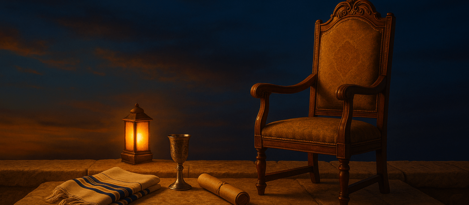 Elijah’s chair beside a tallit and silver kiddush cup at dusk, symbols of the covenant under an indigo Jerusalem sky.