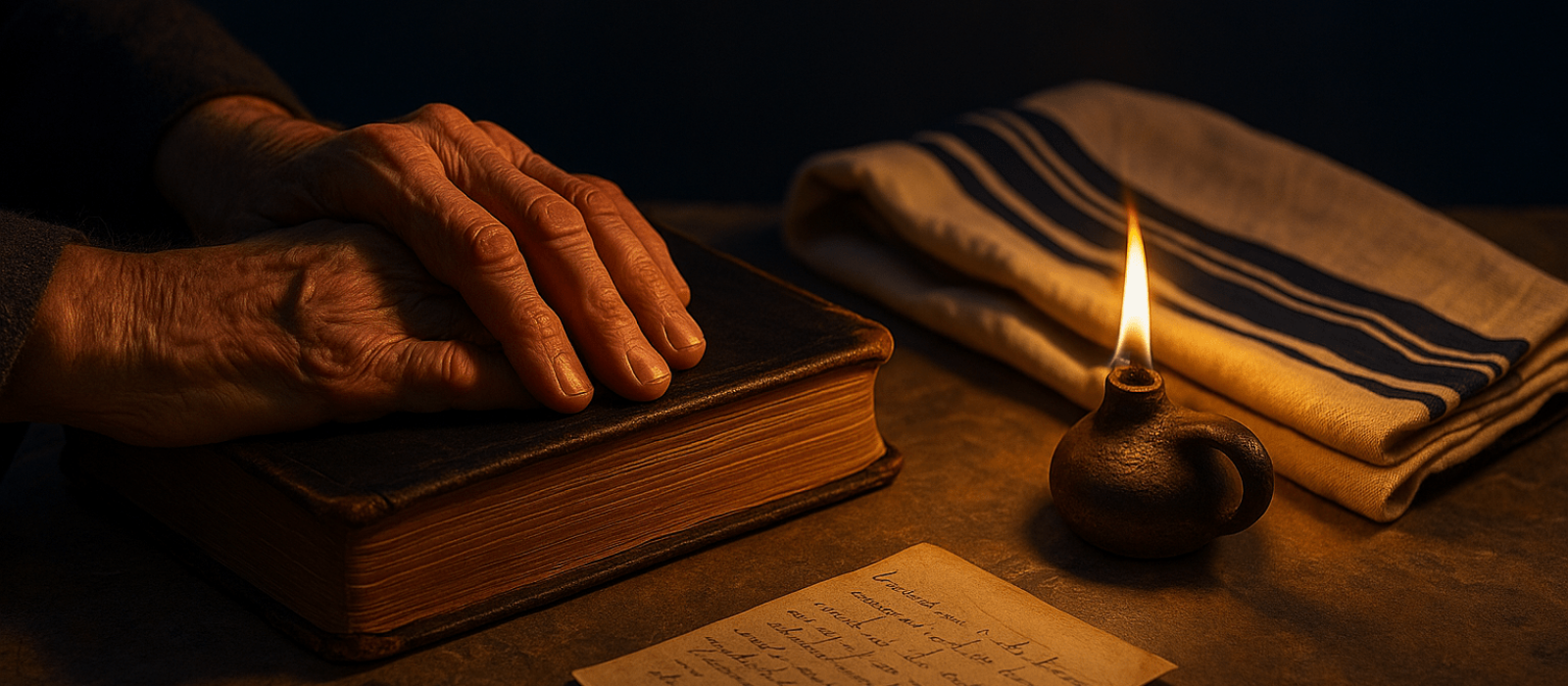 Father’s hands on a well-worn Tanakh beside a tallit and oil lamp