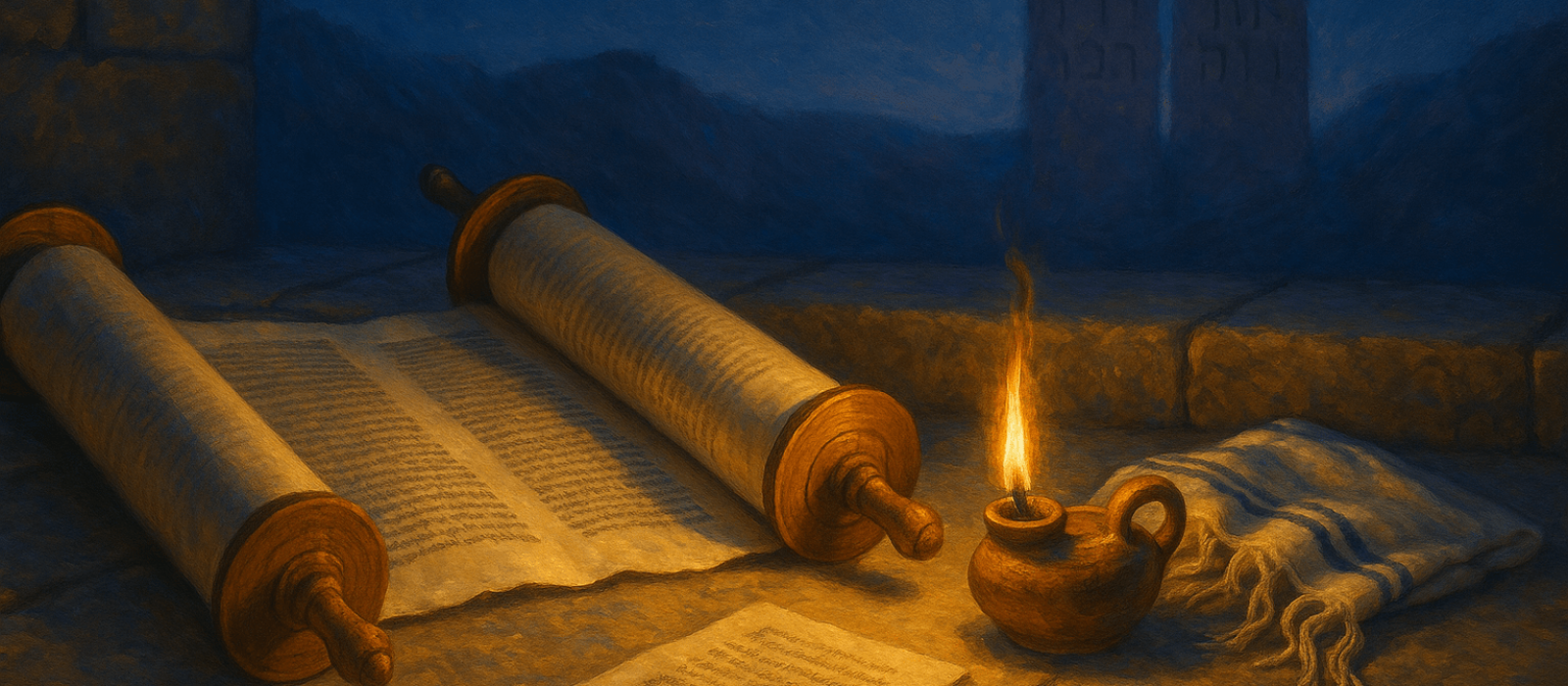 Open Torah scroll and oil lamp on Jerusalem stone at twilight