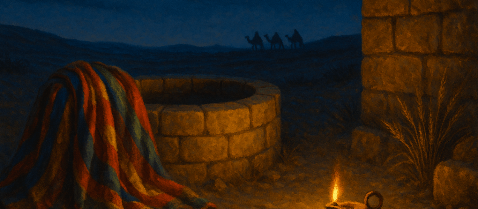 Joseph’s multicolored cloak beside an empty cistern at twilight with a distant caravan on an indigo desert horizon.