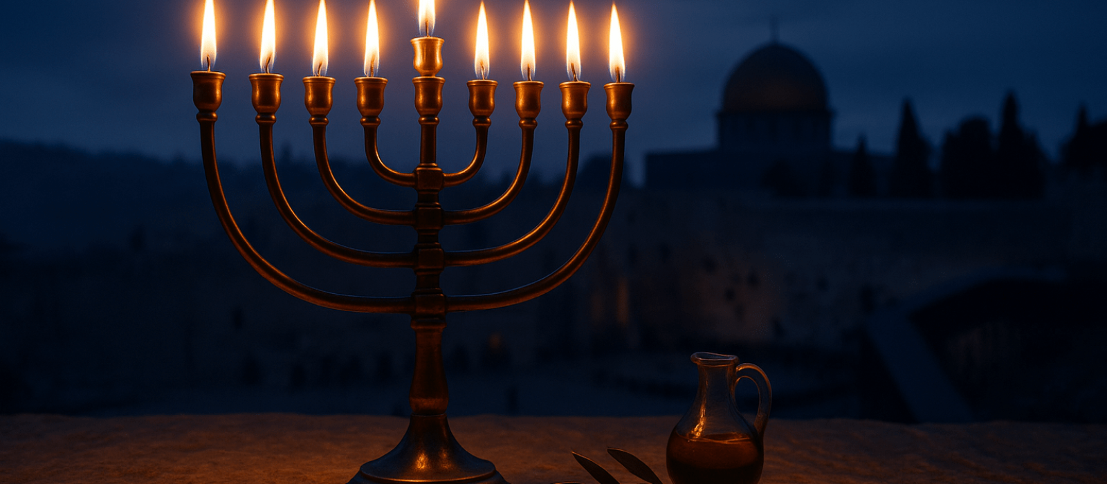 Chanukiyah glowing on Jerusalem stone at winter twilight with an oil jar and olive branch.
