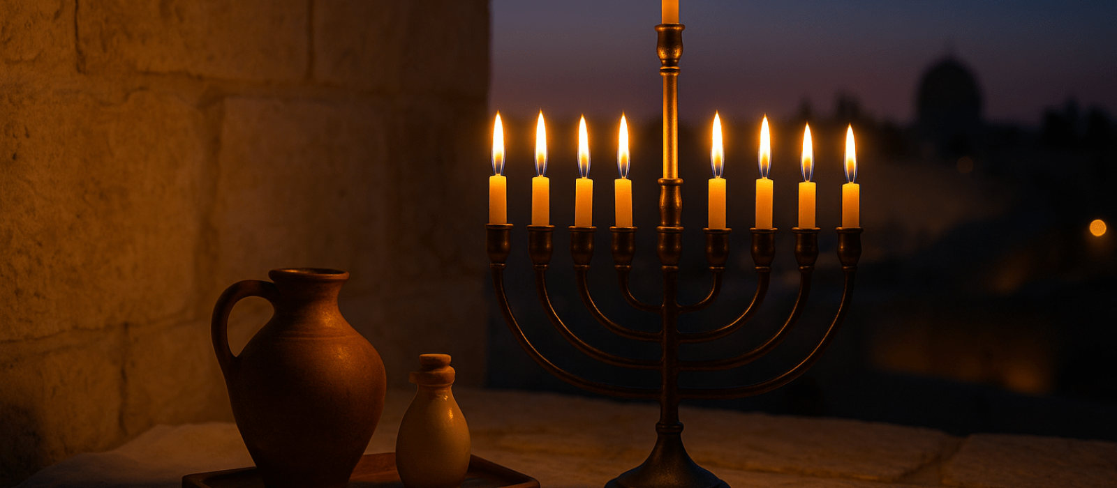 Chanukah lights in a Jerusalem stone courtyard at winter twilight, with an eight-branch chanukiyah and a small oil flask.