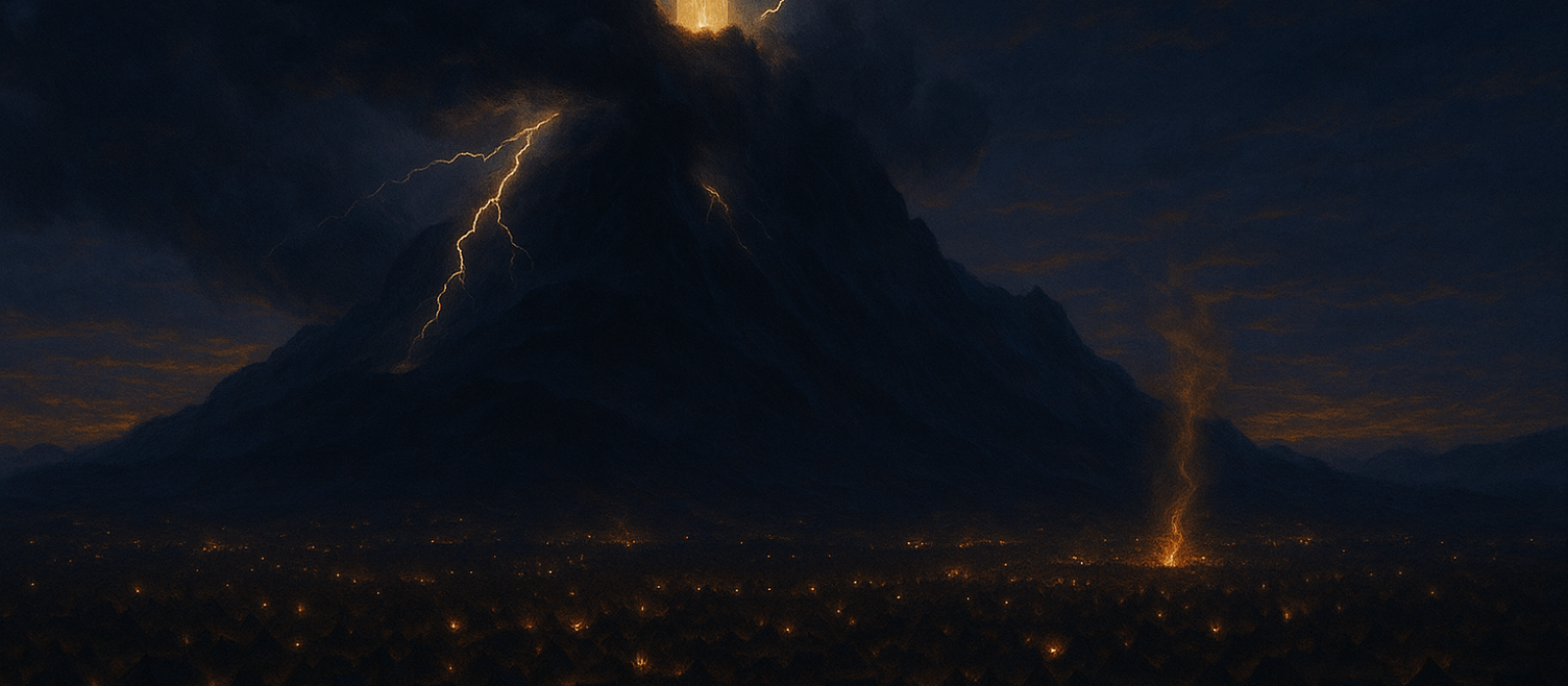 Mount Sinai at twilight with campfires below and storm clouds above, lightning touching the summit