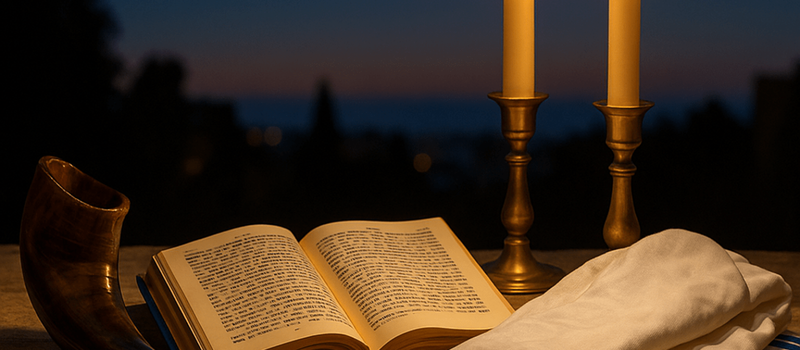 Shofar, white kittel, and tallit beside two festival candles and an open machzor on Jerusalem stone at dusk.