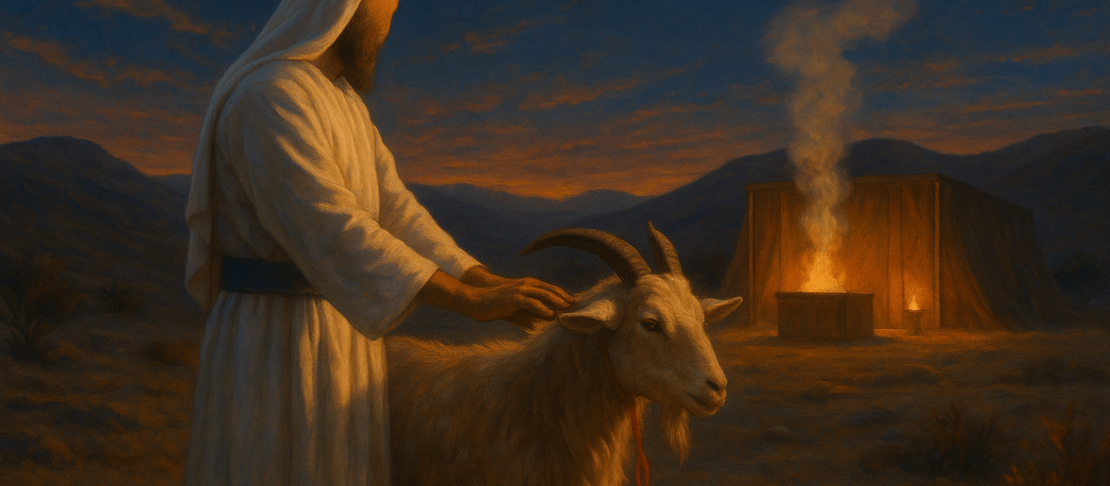 High Priest confesses over the scapegoat as sunset falls on the Judean wilderness, symbolizing sins carried away for Yom Kippur.