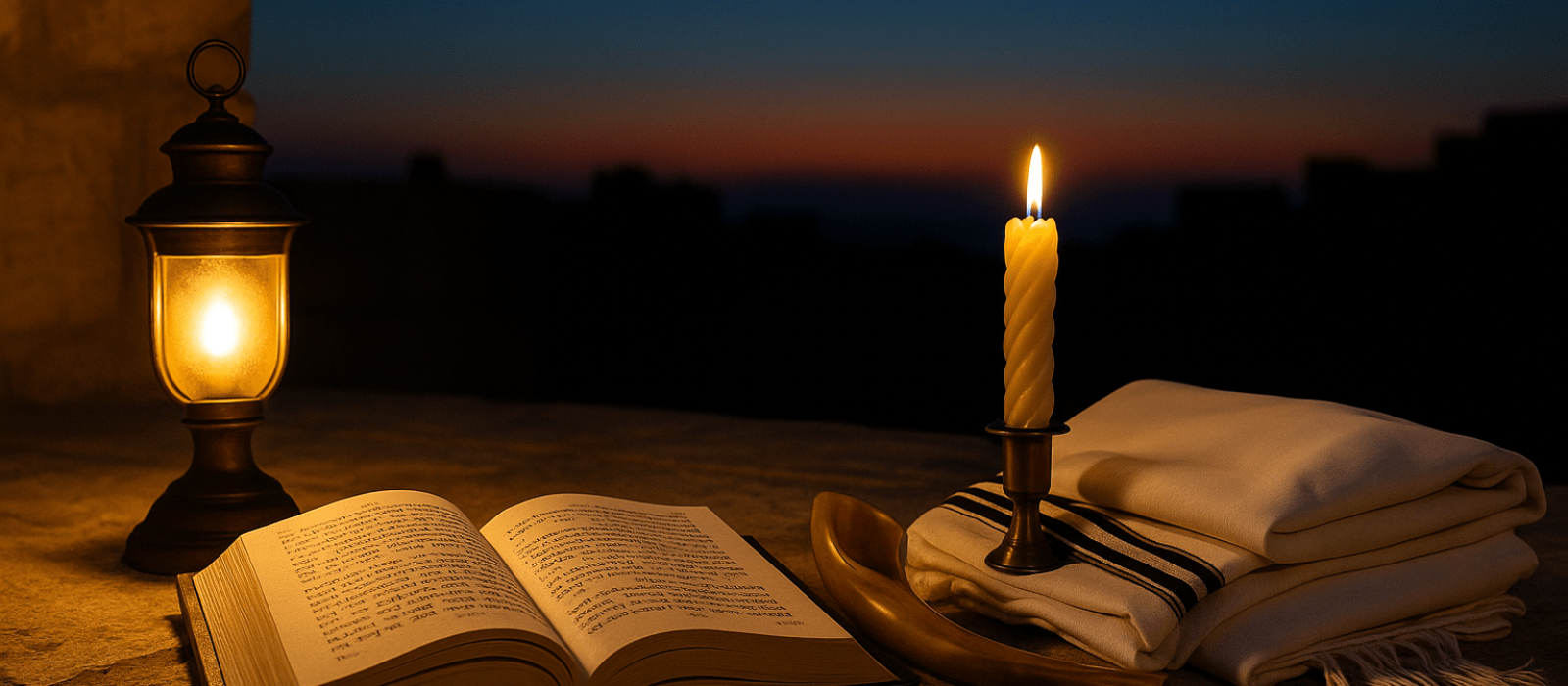 Yom Kippur twilight with open machzor, folded tallit, and resting shofar on Jerusalem stone.