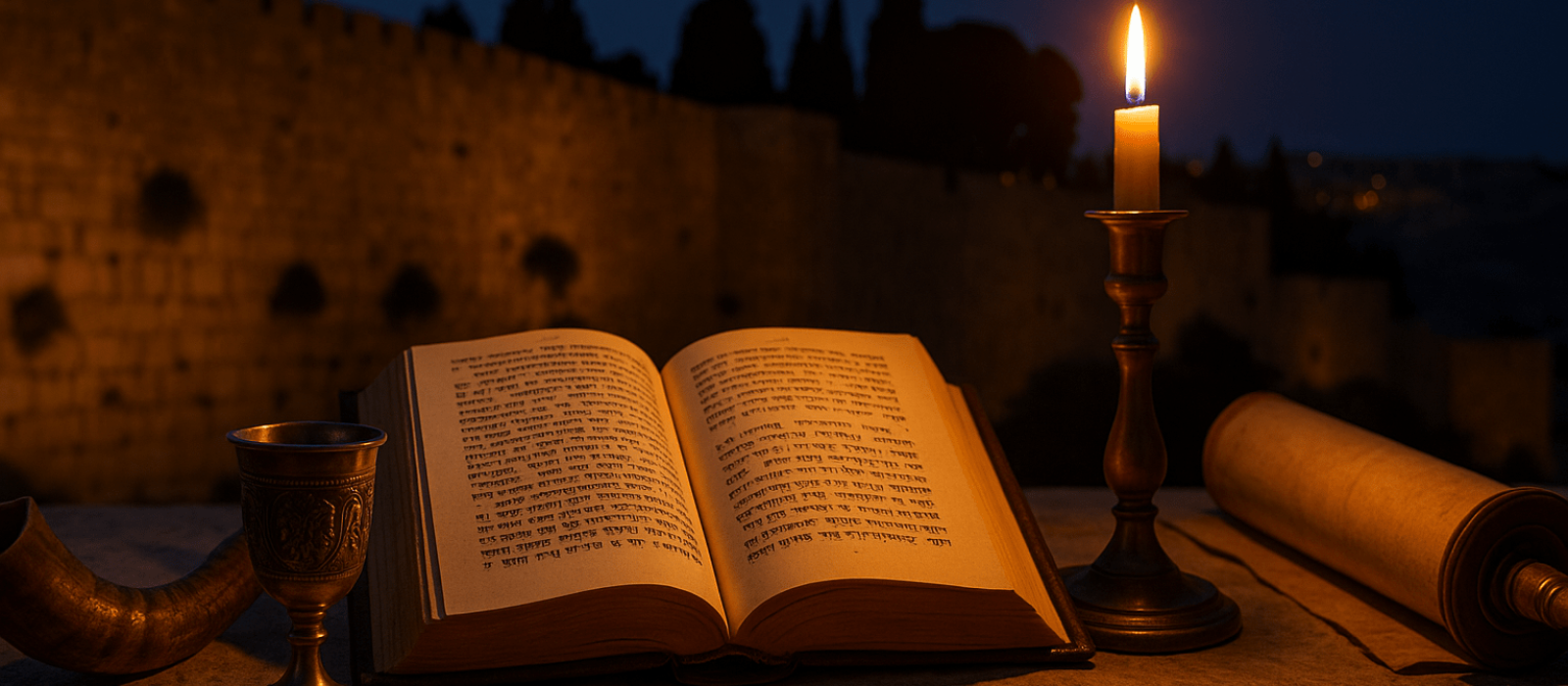 Kol Nidre evening mood—open machzor, shofar, and silver cup in warm lamplight against deep indigo sky.