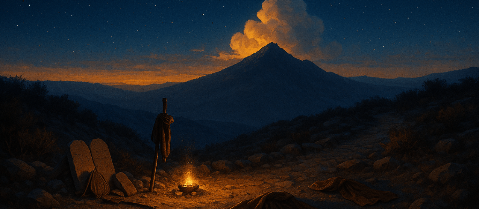 Radiant mountain cloud over a Judean ridge with symbols of Moses and Elijah, suggesting the Transfiguration without depicting faces