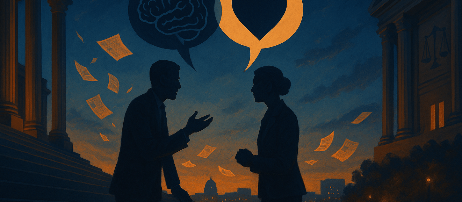 Debate at dusk where heart and brain symbols reveal how emotions shape reasoning