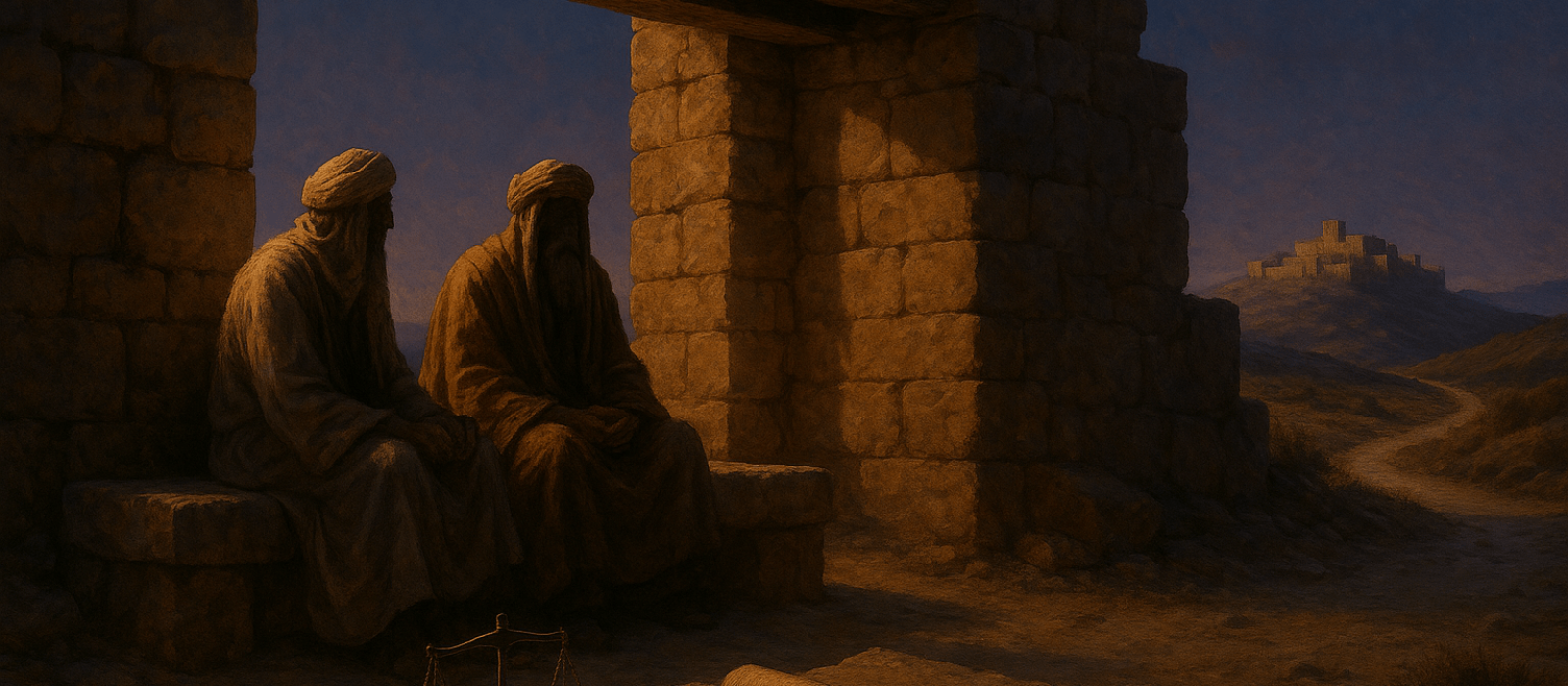 Late-summer scene at an ancient city gate with judges, a bronze scale, a Torah scroll, and a road to a city of refuge under twilight.