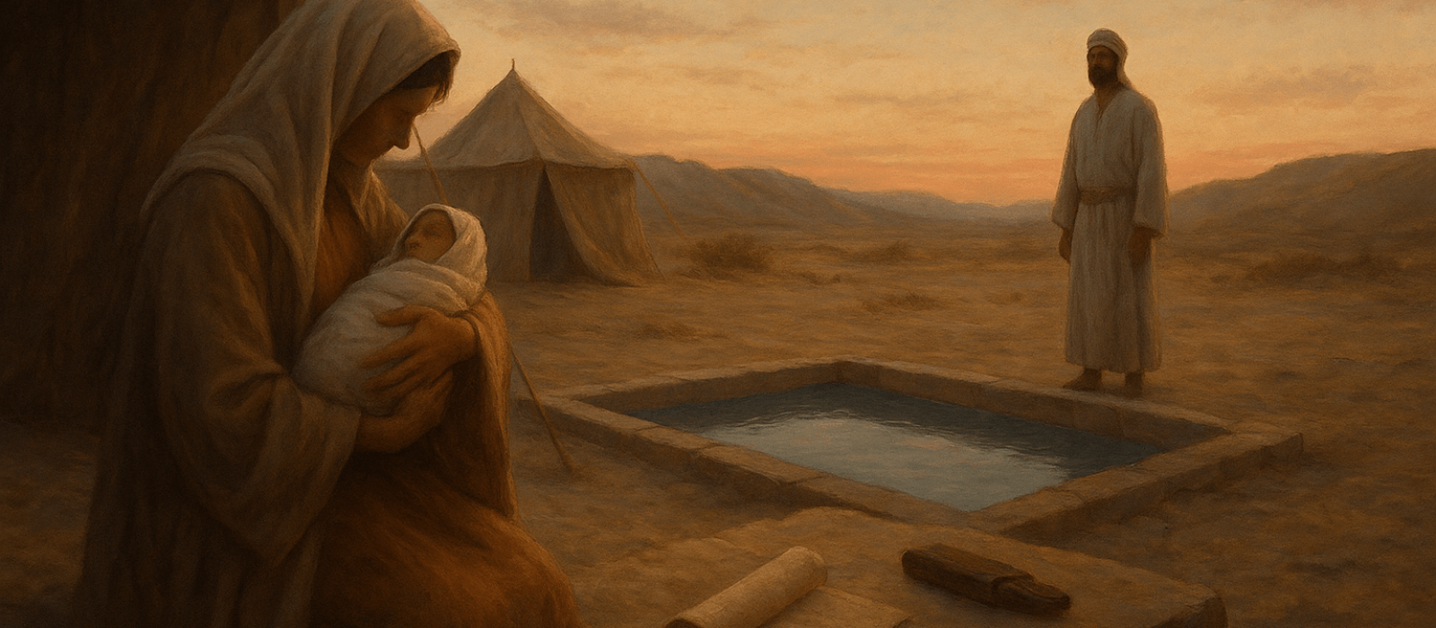 Mother and newborn at twilight near a mikveh, with a priest in linen and a subtle sign of the eighth-day covenant.