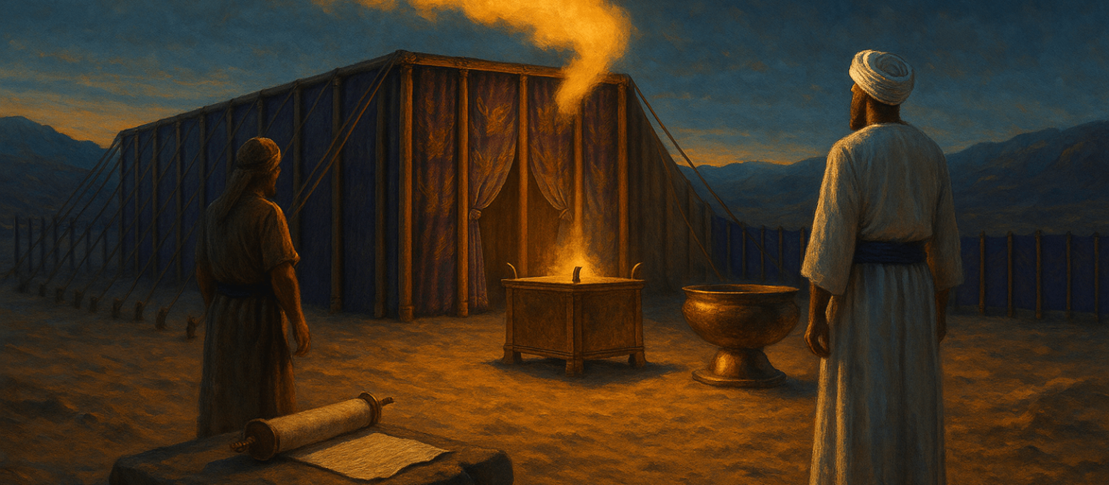Late-winter Sinai Mishkan at twilight as a soft golden cloud descends, with priests and artisans preparing sacred service.