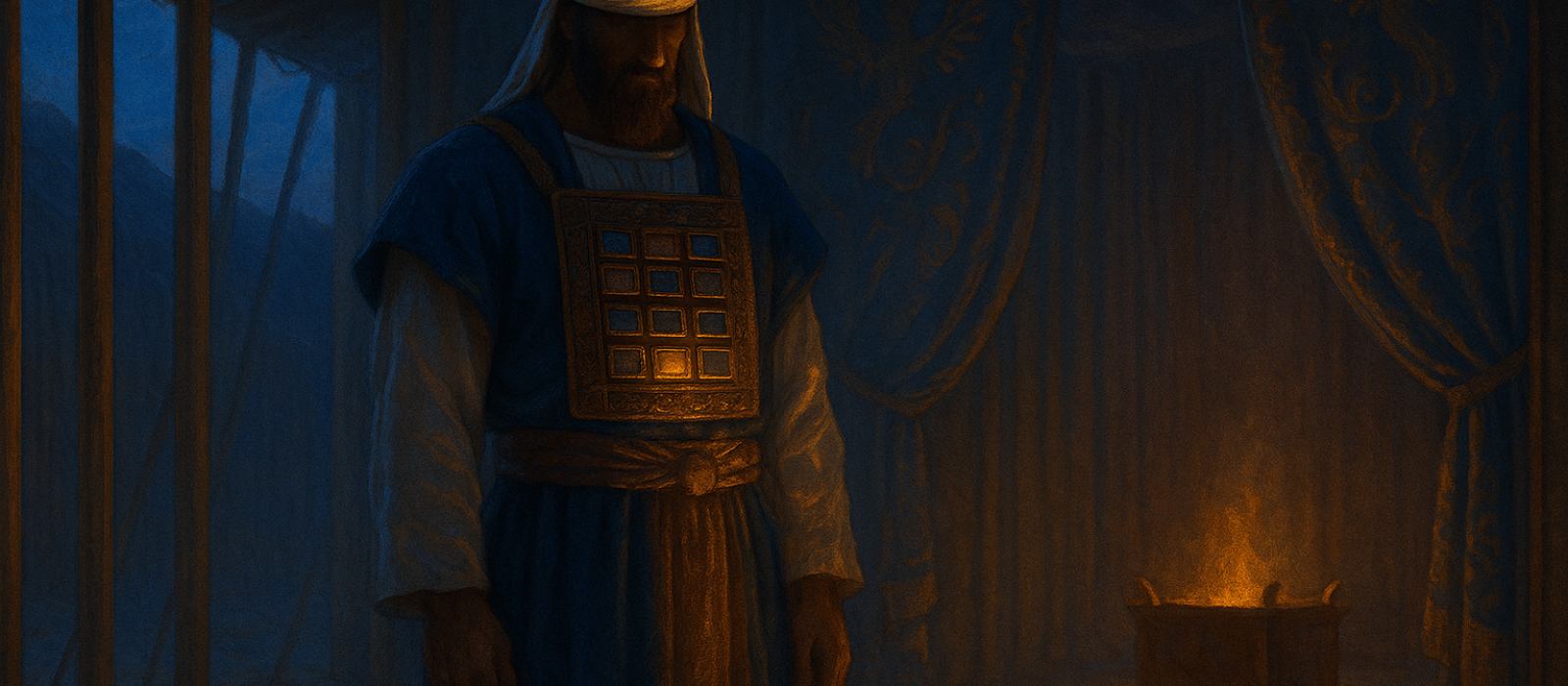 High Priest with jeweled breastplate at twilight, Urim and Tumim glowing over his heart in the desert Tabernacle.