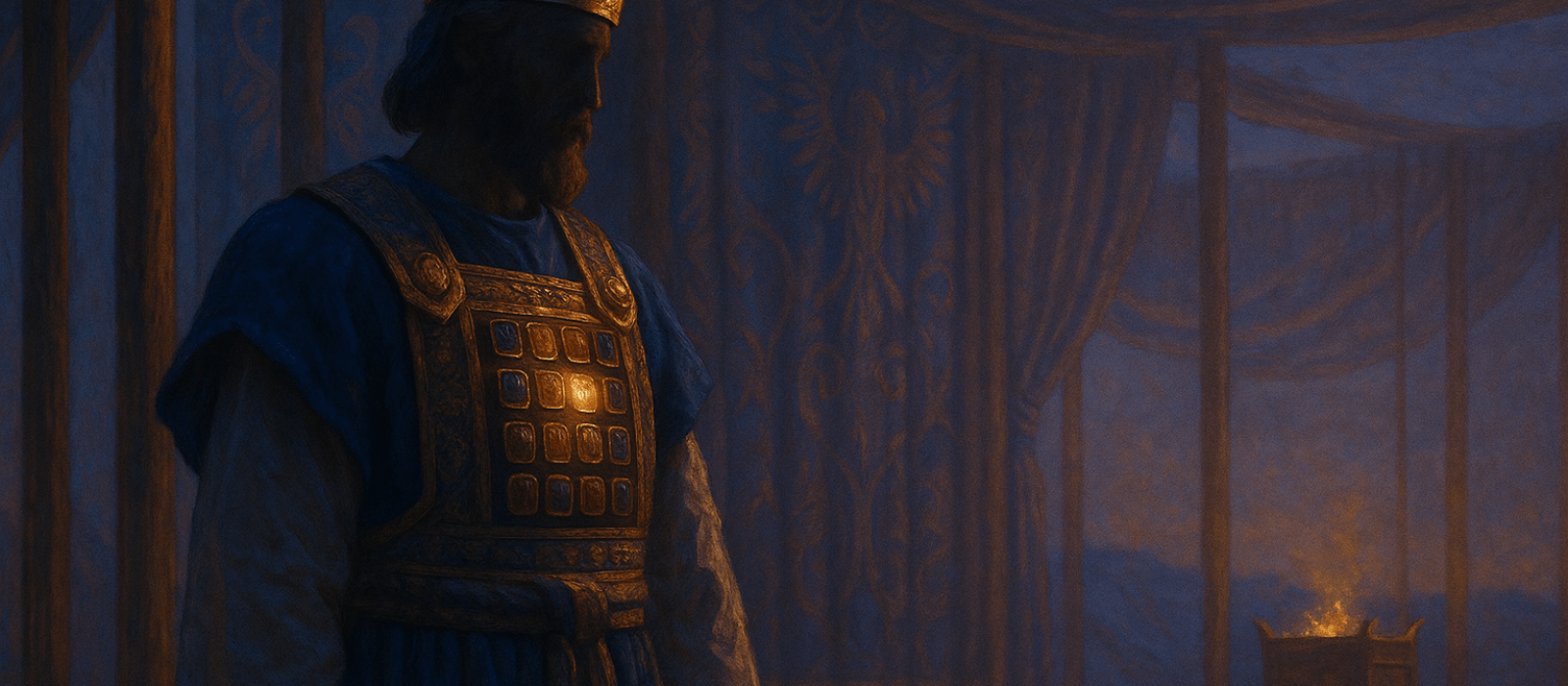 High Priest in jeweled breastplate within the Tabernacle at Adar twilight, golden glow over the Urim and Tumim.