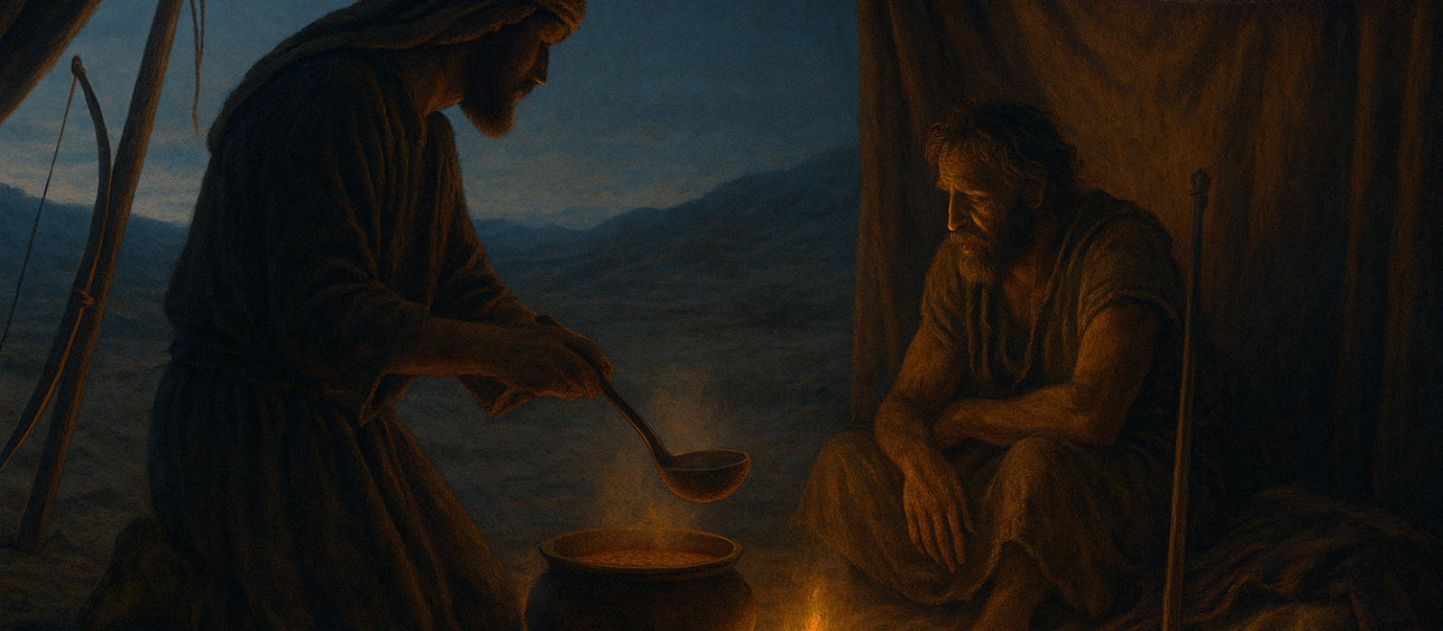 Jacob offers red stew in a desert tent at twilight; goatskin and bow hint at the Toldot drama without showing faces.