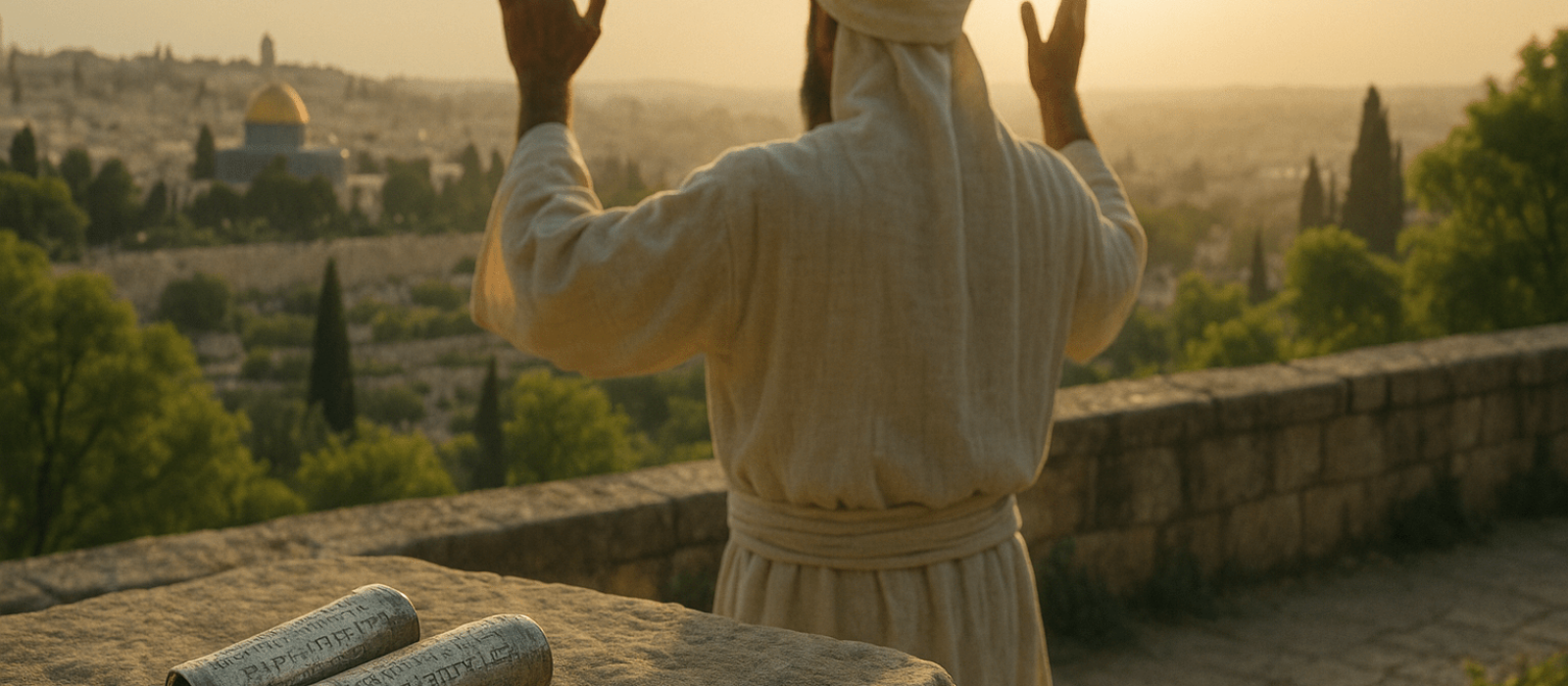Kohen blessing at dawn with tiny silver scrolls of the Priestly Blessing on a stone ledge above Jerusalem.
