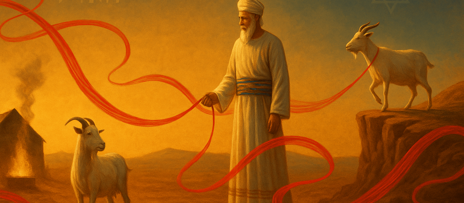 High Priest at dusk holds a red cord linking two goats—one near altar smoke, one at a cliff edge—symbolizing lots cast “for Adonai” and “for Azazel.” Hebrew “Azazel” and a faint Star of David appear in the sky.