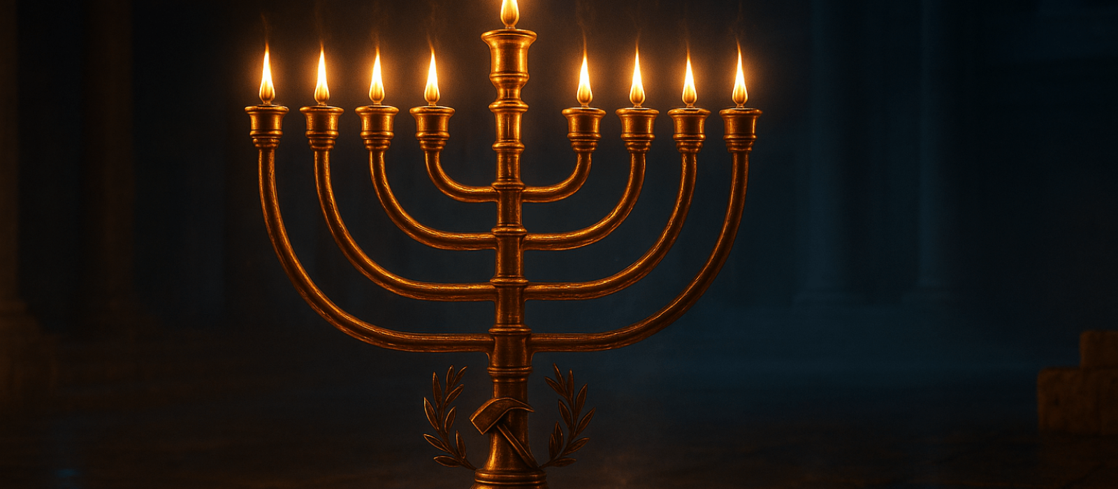 Golden menorah blazing after the Temple’s rededication, symbolizing Chanukah’s light over darkness.