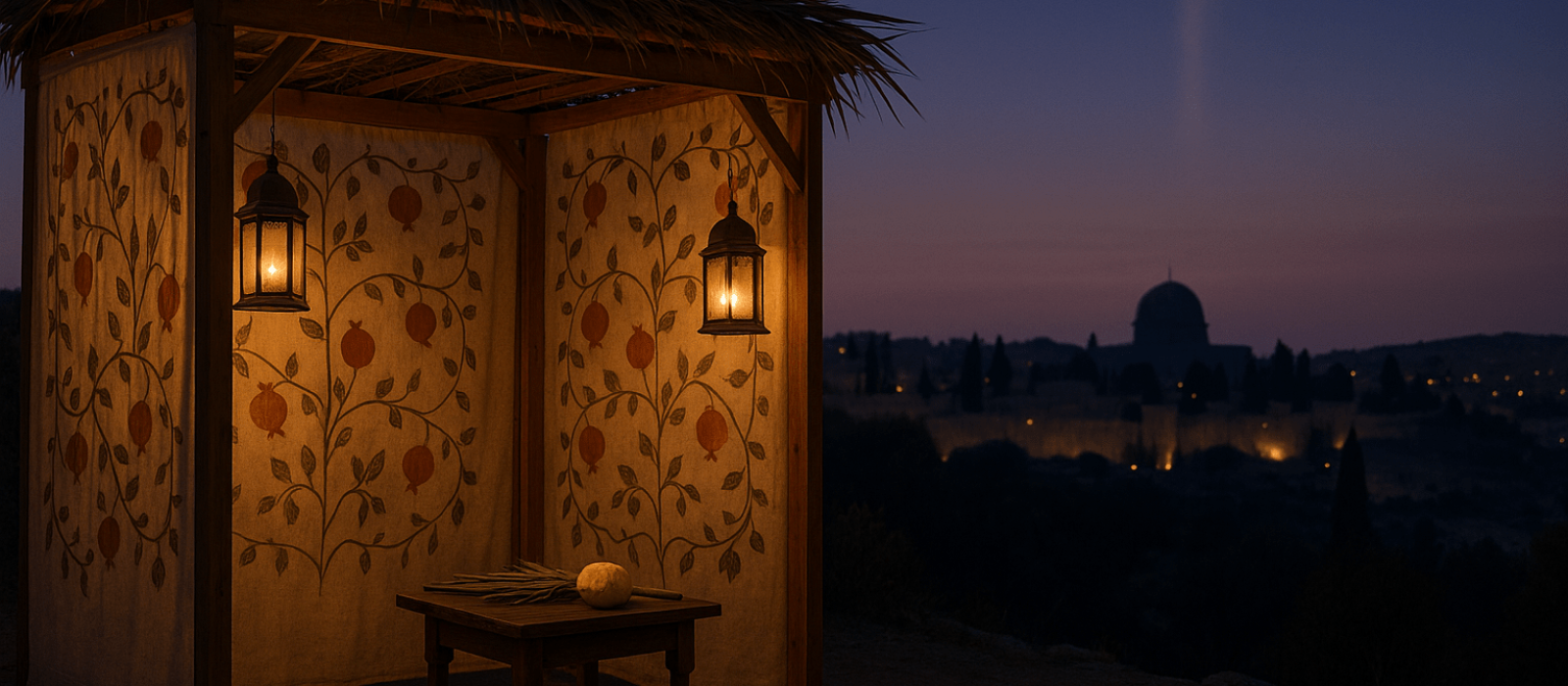 Sukkot sukkah glowing at dusk near Jerusalem with lulav and etrog, hinting at cloud-and-fire above Zion.