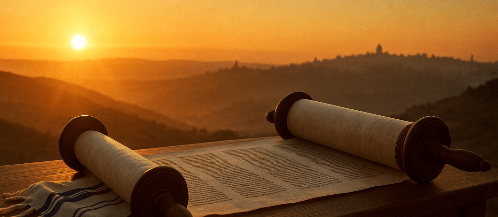 Torah scroll glowing at sunrise on Shemini Atzeret, symbolizing the King in Jeshurun and Israel’s unity.