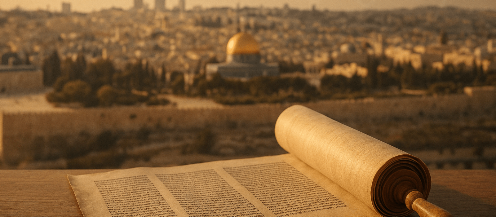 Unrolled Torah scroll on a wooden table with Jerusalem softly aglow in the background at golden hour.