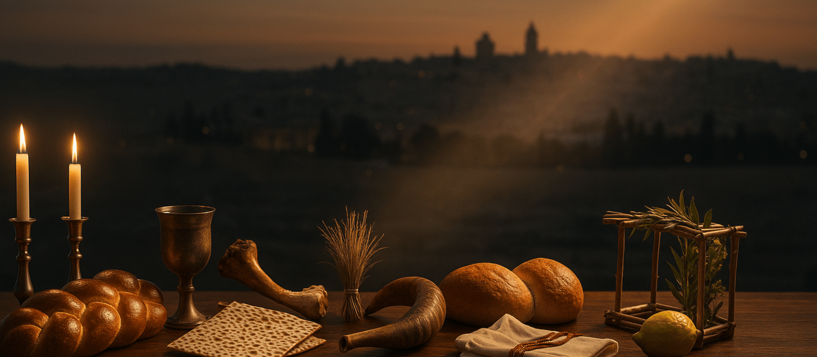 Symbols of the Eight Biblical Appointed Times arranged on a table at dusk overlooking Jerusalem, with a warm beam of light highlighting them—shofar, matzah, barley sheaf, challah, Passover cup, two loaves, Yom Kippur tokens, and a small sukkah with lulav and etrog.