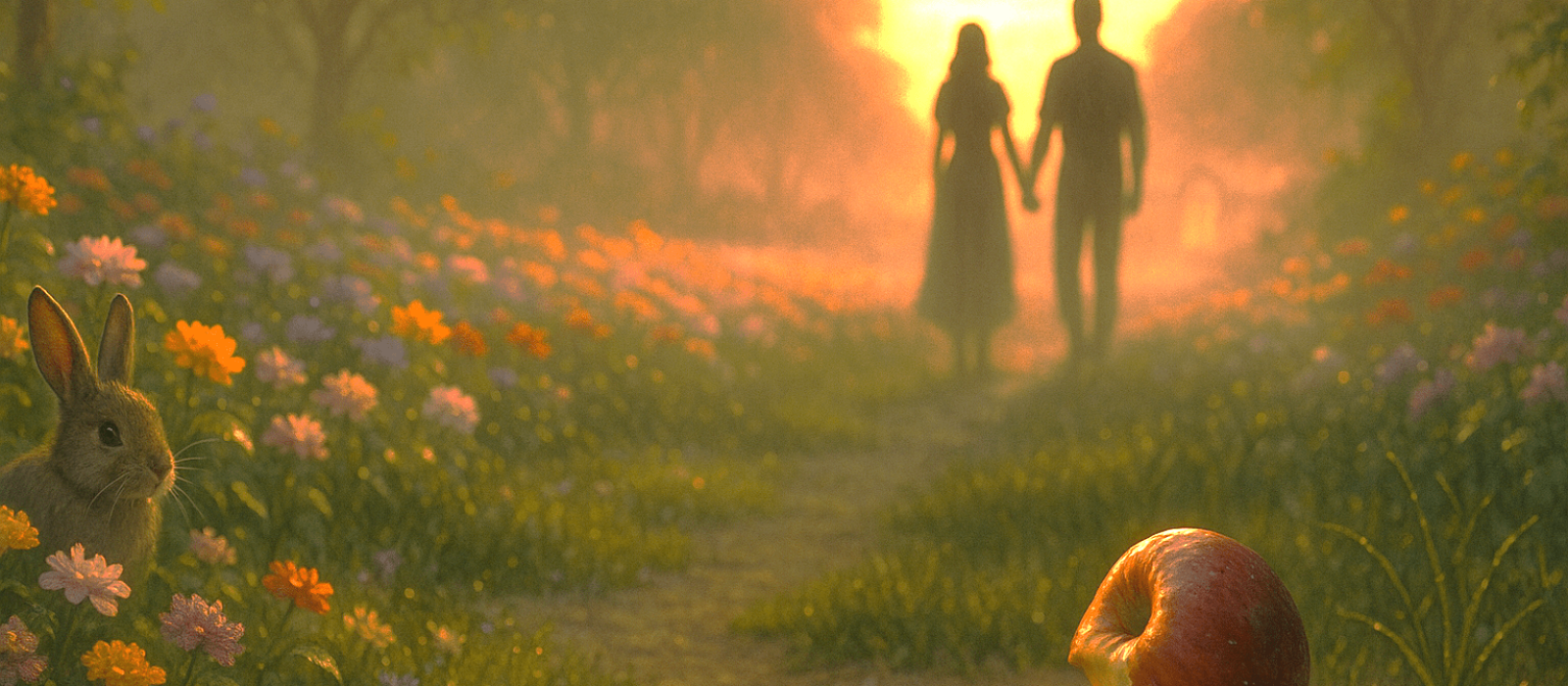 Garden of Eden at sunset with flower rows, a rabbit in the blooms, a bitten fruit in the foreground, and two figures silhouetted in soft light.