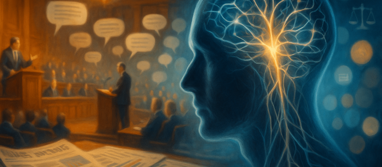 Ultra-wide conceptual image of politics and emotion, with neural pathways blending into a debate hall to symbolize motivated reasoning.
