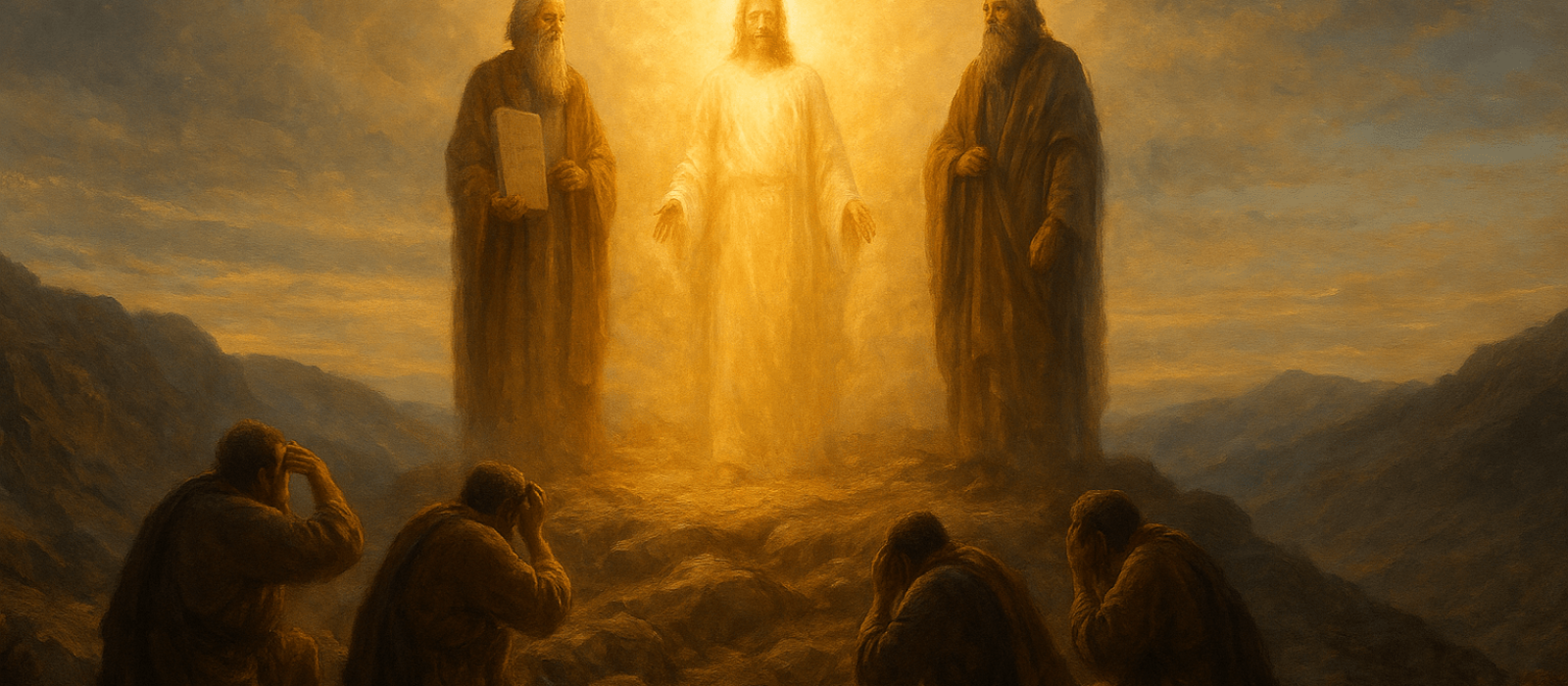 Radiant Yeshua stands between Moses and Elijah on a mountaintop as a bright cloud overshadows three awestruck disciples below—an evocative depiction of the Transfiguration.