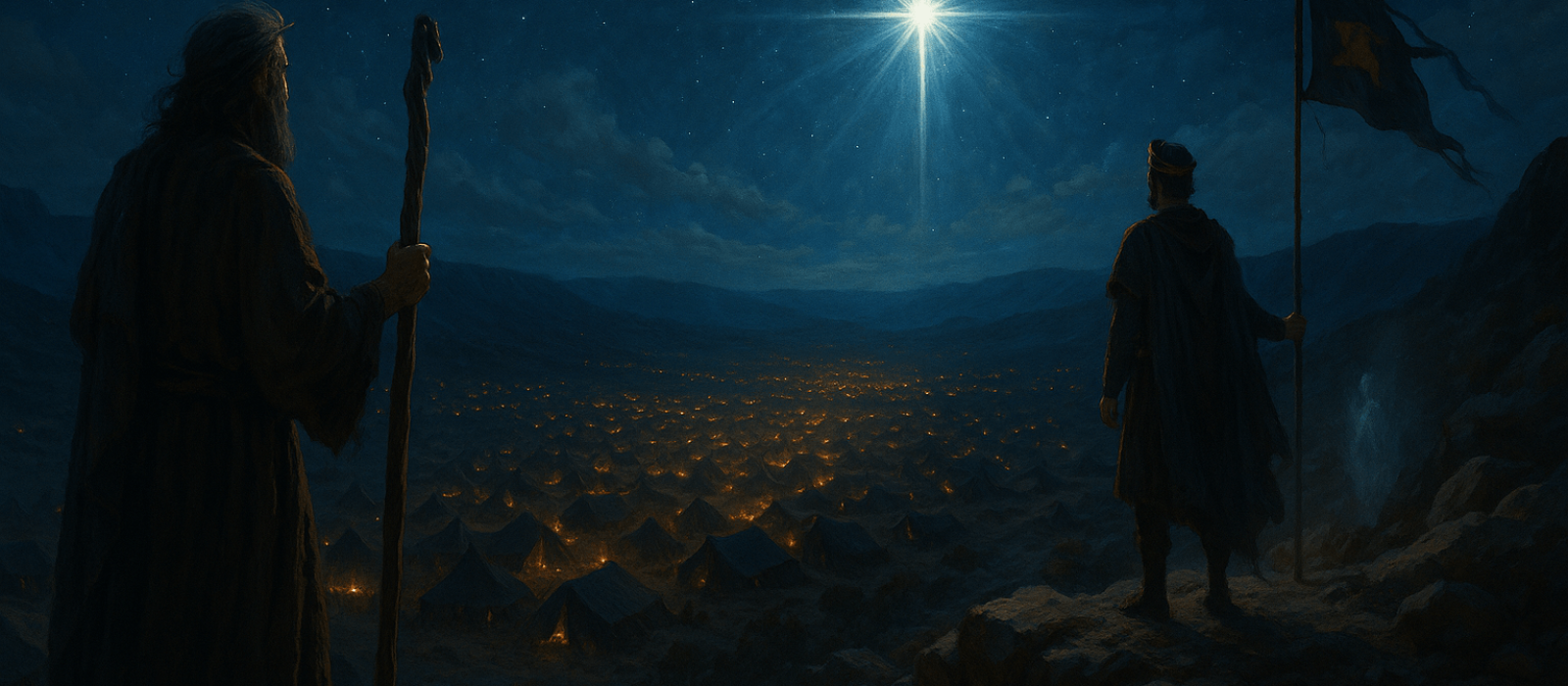A night scene of Balaam on a Moab ridge above Israel’s camp, a bright star rising over Jacob’s tents, evoking Numbers 24:17.