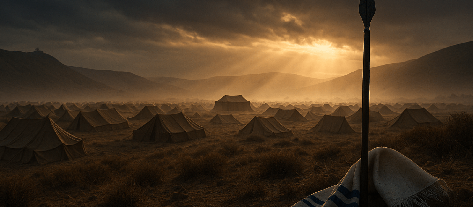 Dawn over the plains of Moab with Israel’s camp, a spear and tallit in the foreground, and light breaking over the Tent of Meeting.